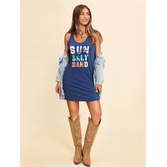 Blue Tank Mini Dress Tropical Graphic Letter Print - Picture 2 of 13